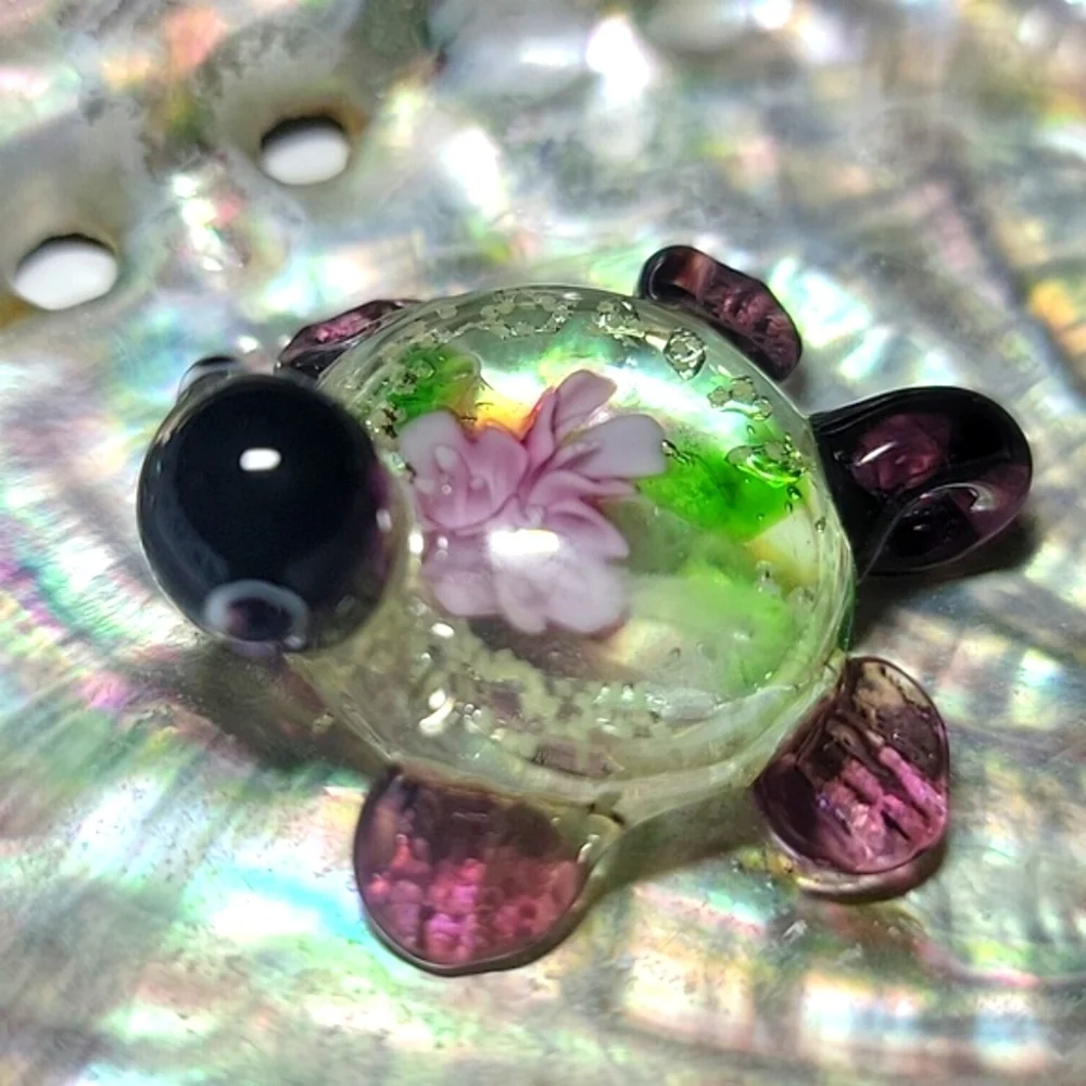 NEW Handcrafted Blown Art Glass Purple Turtle Charm Pendant Luminescent Specks